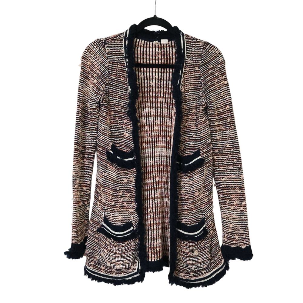 Anthropologie Moth Grafton Pink Navy Knit Fringe Open Front Cardigan XS Preppy